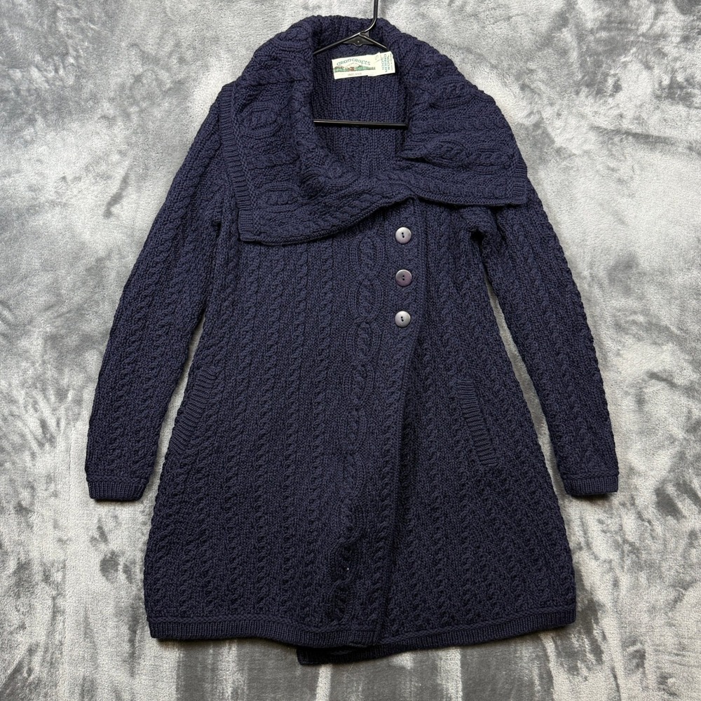 Arancrafts Cardigan Womens S Navy Blue Excellent Merino Wool Cable Knit Irish